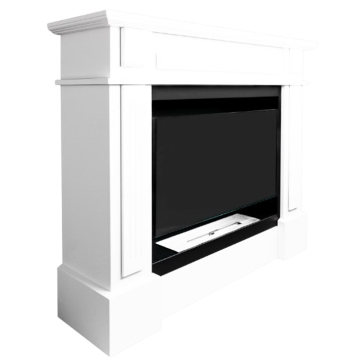 Биоетанолова камина Portal Koloseum WERONA, бяла, 113 x 100 x 30 см, с термоустойчиво стъкло, керамични дърва за огрев, контейнер за ароматерапия, фуния, декоративни бели камъчета, включена газова запалка 21 см за запалване на биокамина, MDF обвивка