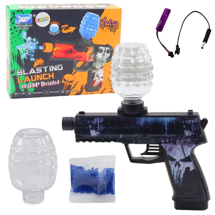 Pistol automat pentru bile de apa, LEAN TOYS, design graffiti albastru, 15-20m, set complet cu 1000 bile