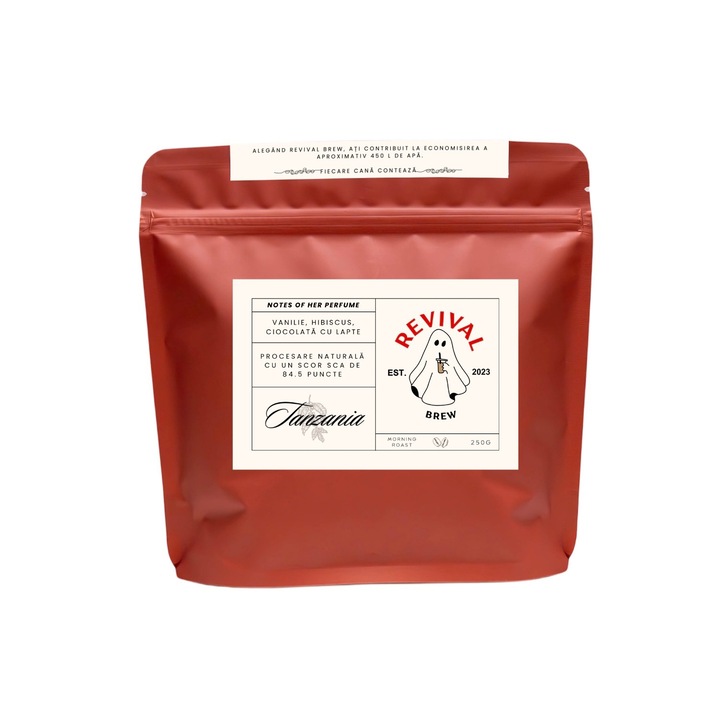 Кафе REVIVAL BREW - Notes of Her Perfume, Кафе на зърна 100% Арабика от Танзания, Идеално за V60 / Chemex, Прясно изпечени зърна в Румъния, Леко изпичане, Интензивен аромат без горчивина, 1000гр