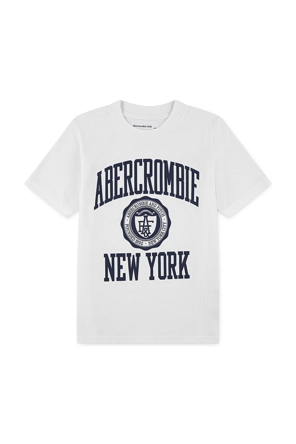 Abercrombie & Fitch, Tricou cu logo si decolteu la baza gatului, Alb, Albastru ultramarin, 135-145 CM
