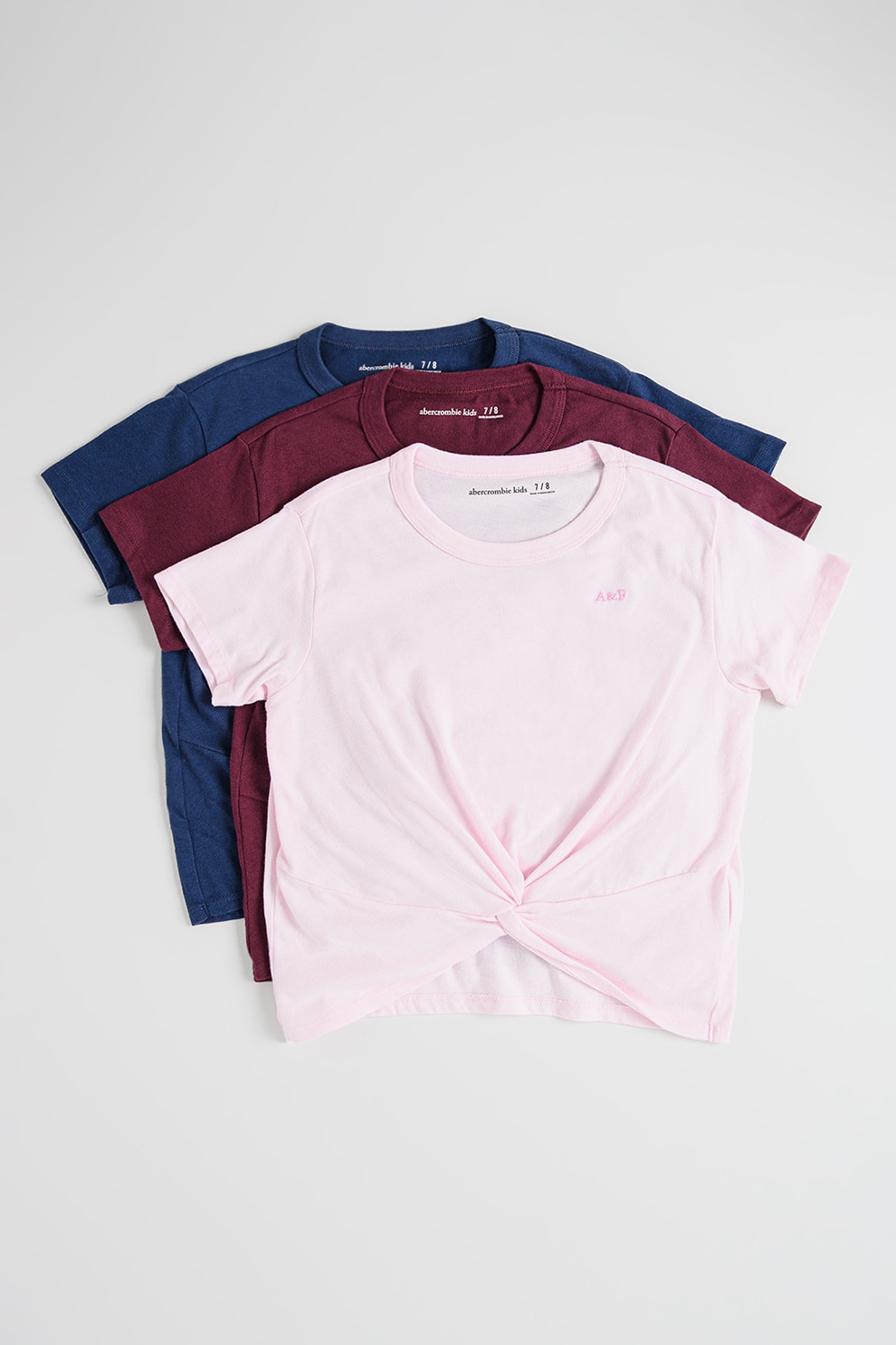 Abercrombie & Fitch, Set de tricouri uni cu detaliu innodat - 3 piese, Visiniu, Roz, Bleumarin, 152-160 CM