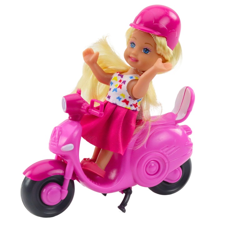 Baba szett rollerrel és rózsaszín sisakkal, Lean Toys, 11 cm