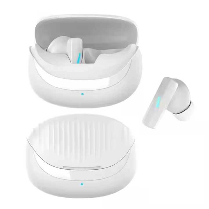 Casti Wireless Audi, Bluetooth 5.4, Control prin Atingere, Fara Fir, Usb C, Autonomie 80 h, 4 x Dopuri silicon de rezerva, Alb