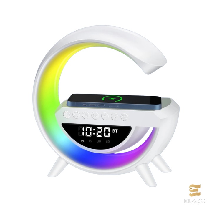 Lampa LED ELARO cu Boxa Bluetooth, Incarcare Wireless, Ceas Digital si Alarma, 7 Culori RGB, 23.5x23.5x8cm