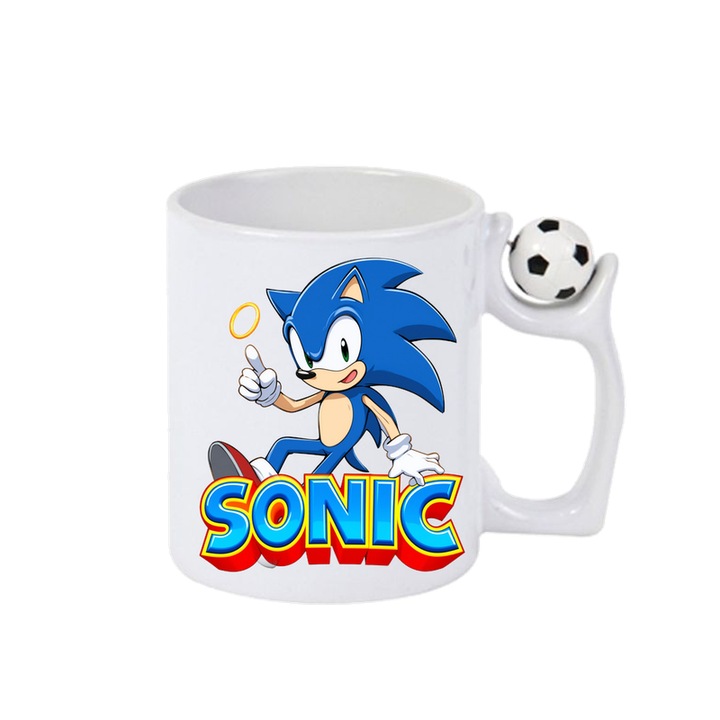 Cana Sonic - Inelele Destinului. Cri-Flo, Ceramica, 330ml, Minge rotativa antistres, Maner si interior Alb-Negru