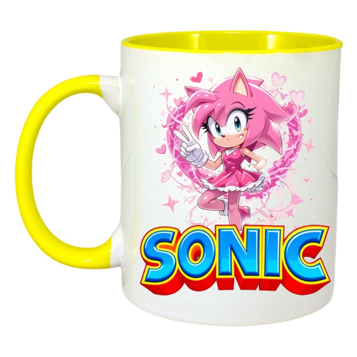 Cana Sonic Amy - Inima Curajoasa. Cri-Flo, Ceramica, 330ml, Maner si interior Galben