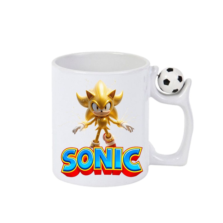 Cana Sonic Super Sonic - Forta de Aur. Cri-Flo, Ceramica, 330ml, Minge rotativa antistres, Maner si interior Alb-Negru