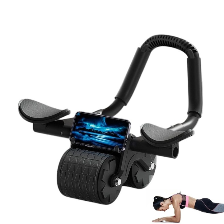 Коремно колело с таймер, Arvada® URBNFit, автоматичен механизъм за отскок, опори за лакътя, ширина на колелото 10 см, пълен комплект, черно