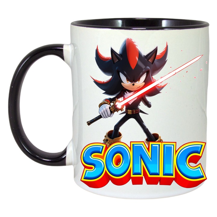 Cana Sonic Shadow - Razboinicul Sabiei Rosii. Cri-Flo, Ceramica, 330ml, Maner si interior Negru