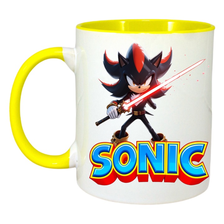 Cana Sonic Shadow - Razboinicul Sabiei Rosii. Cri-Flo, Ceramica, 330ml, Maner si interior Galben