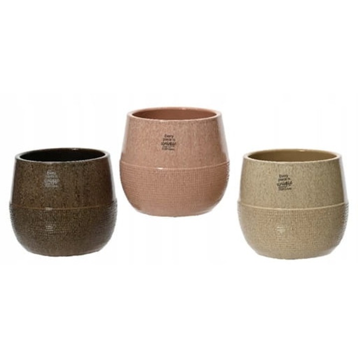 Ghiveci ceramic, Kaemingk, 14x16 cm, roz, bej, ciocolatiu, set 1 buc.