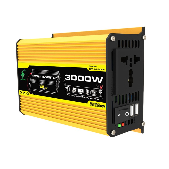 Invertor auto, Chaomin, unda sinusoidala pura, 3000W, 2 porturi USB, 16.5x11.5x5.6cm, galben