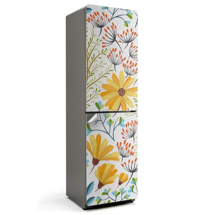 Autocolant decorativ frigider, Wallfluent, Model floral pe fundal alb, Galben, 60x205 cm, 010120180070000284018