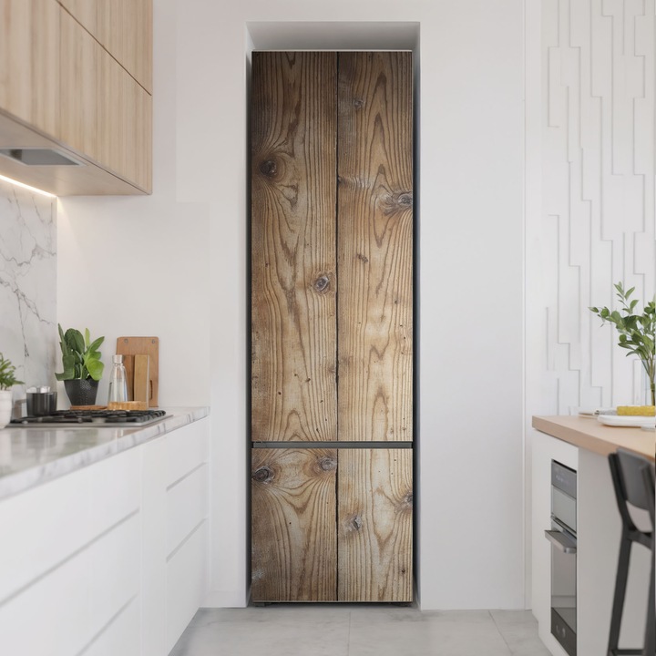 Folie autocolanta frigider, Wallfluent, Scanduri verticale de lemn, Maro, 60x205 cm, 010120180070000284043
