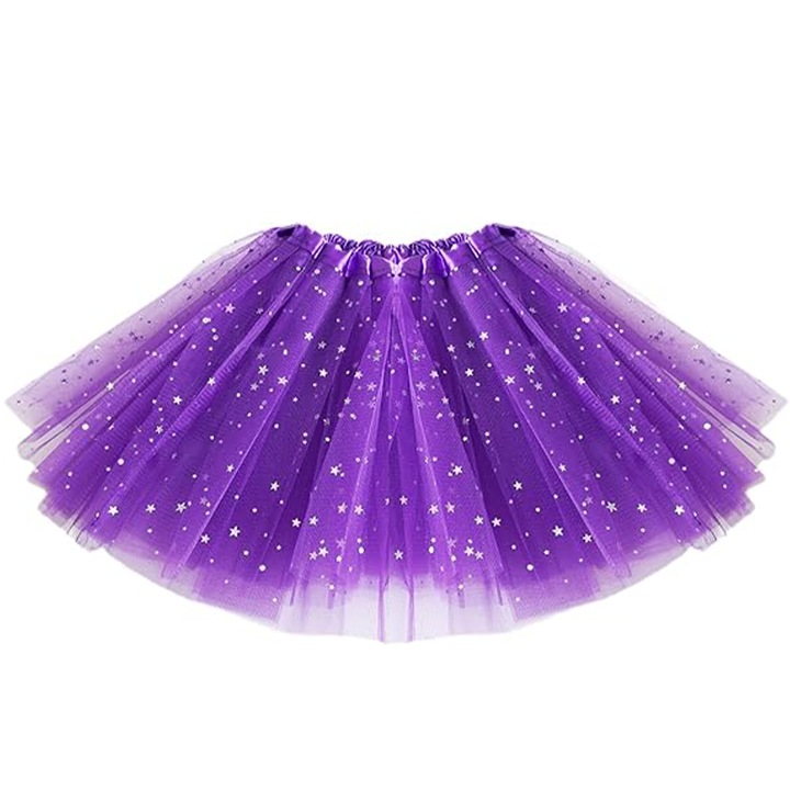 Момичешка пола, TREXORA, трислойна тюлена туту, декорирана с пайети във формата на звезда, дължина 30 см, лилава, един размер