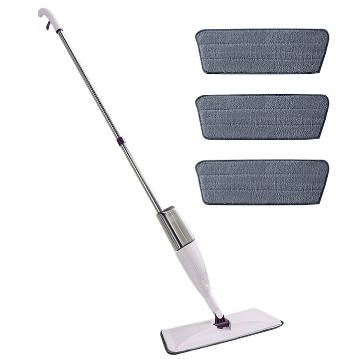 Mop cu pulverizator, MEXERRIS, aluminiu, 3 lavete din microfibra incluse, 410ml, alb/argintiu