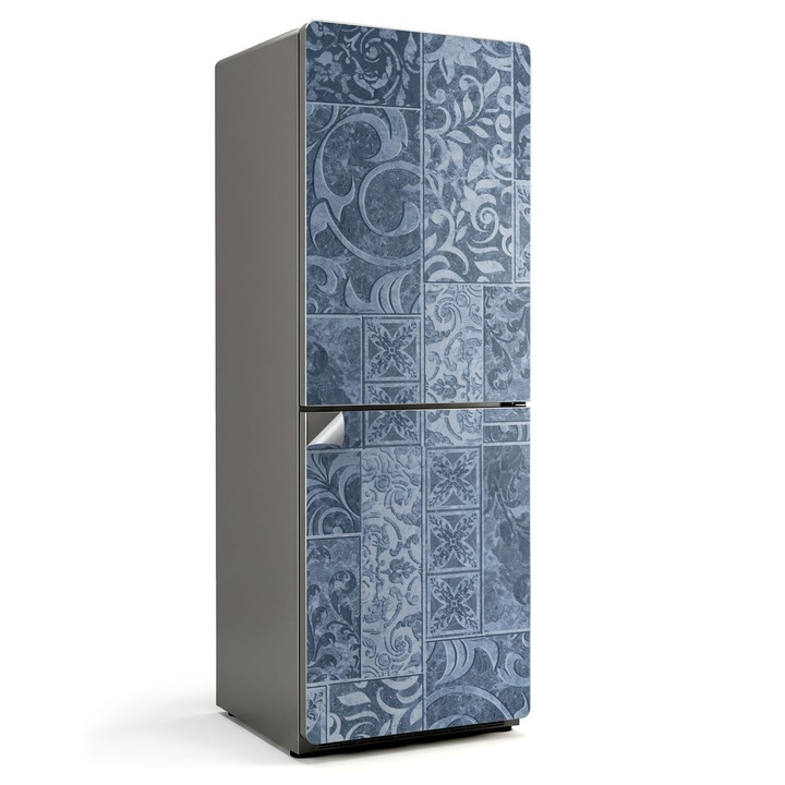 Autocolant decorativ frigider, Wallfluent, Model cu ornamente si placi, Albastru, 70x190 cm, 010120180030000020295