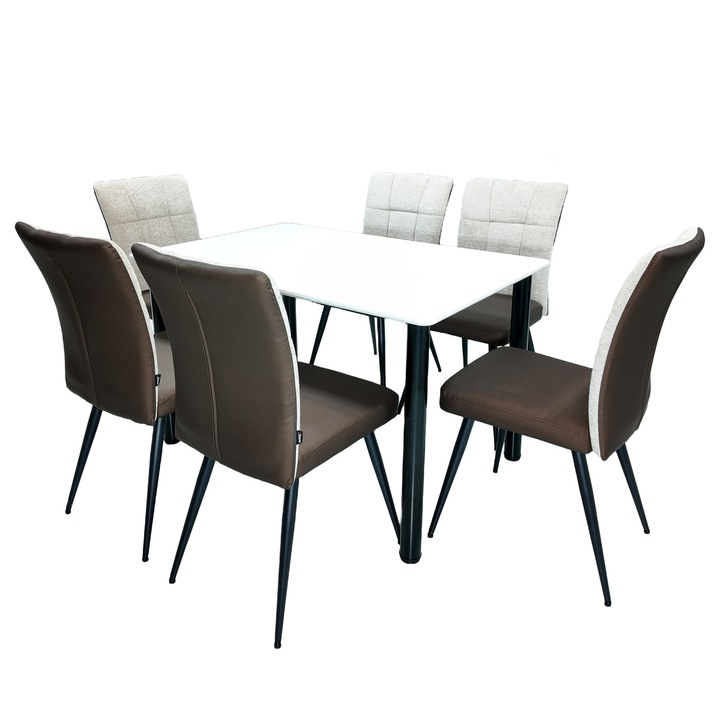Set masa Bavaria cu 6 scaune Tivoli, maro cu bej, DENVER, colturi rotunjite, picioare vopsite negru, 120x80 cm