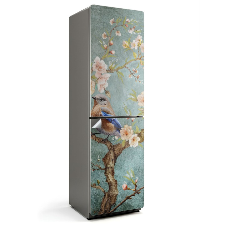 Autocolant frigider, Wallfluent, Pasare pe o ramura cu flori, Turcoaz, 60x205 cm, 010120180070000284112