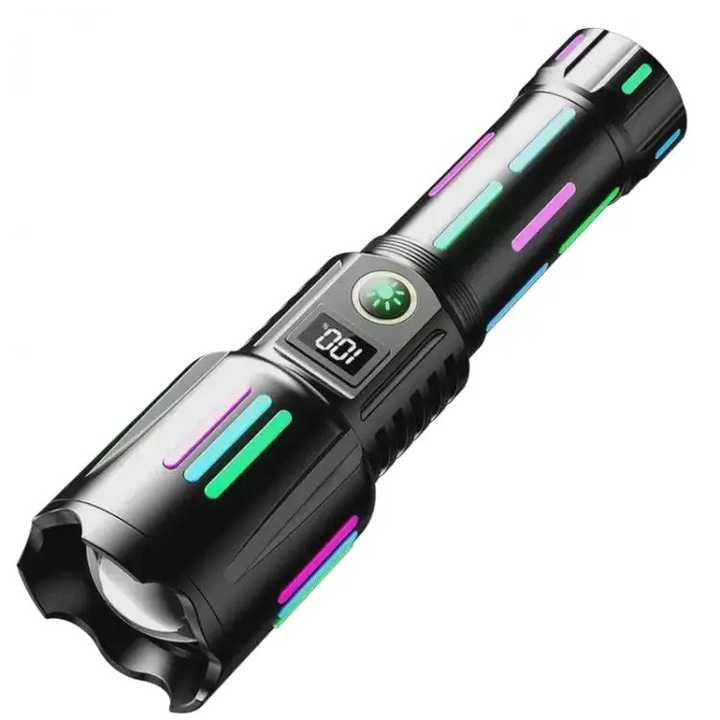Тактически фенер 500m, батерия 8800mAh, зареждане чрез USB Type-C, Zoom, черен цвят