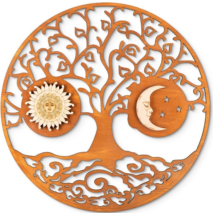 Nap és Hold Életfa, 3D Fali Dekoráció, 37 cm átmérő, tíkfa szín