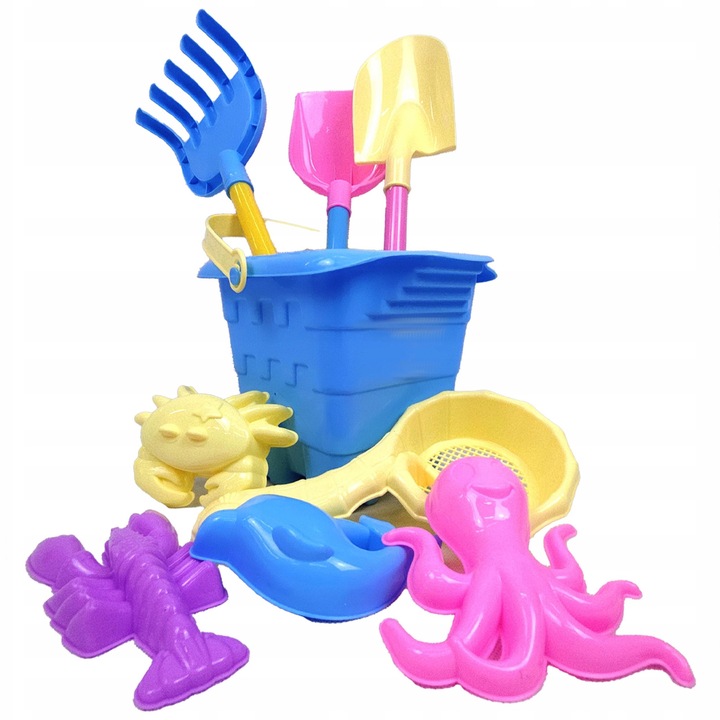 Set 9 jucarii de nisip, Zola, cu galetusa albastra, 5 forme, lopatica, grebla, spatula, multicolore