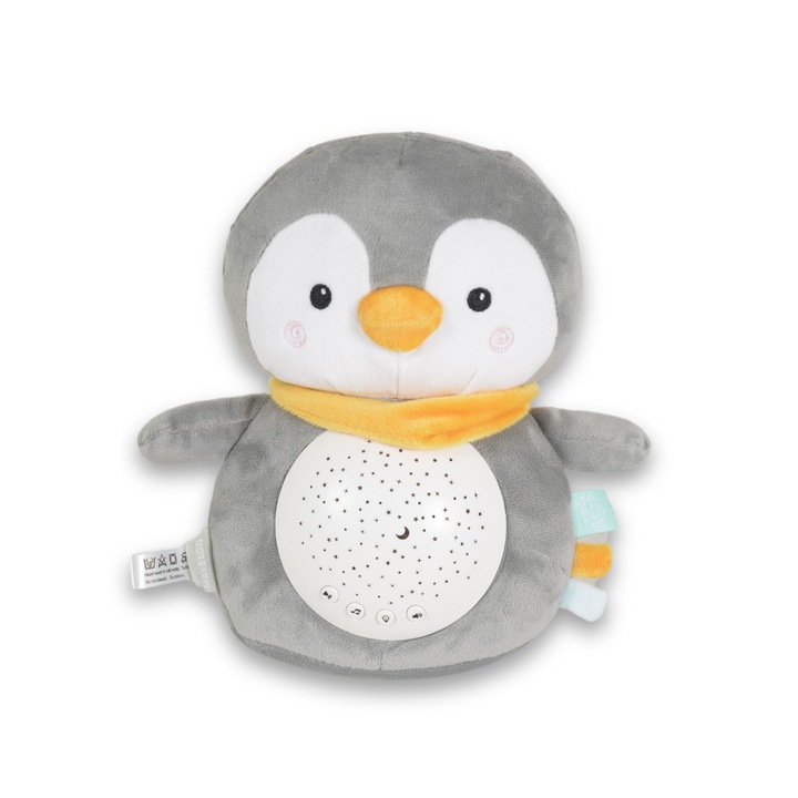 Lampa de veghe pentru camera copii Moni Snuggly Penguin cu sunete albe,10 melodii linistitoare si sunete ale naturii, Volum reglabil, Oprire automata dupa 20 minute, Material plus moale, Proiector detasabil utilizare individuala