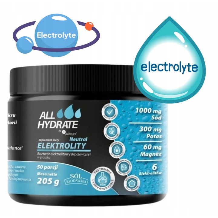 Добавка Aliness, Allhydrate, 205 гр., 50 дози, електролити, без захар, многоцветен, 1 пластмасова бутилка x 60 капсули, минерали, естествен източник на натрий, хипотоничен ефект, подкрепа за мускулите и нервната система