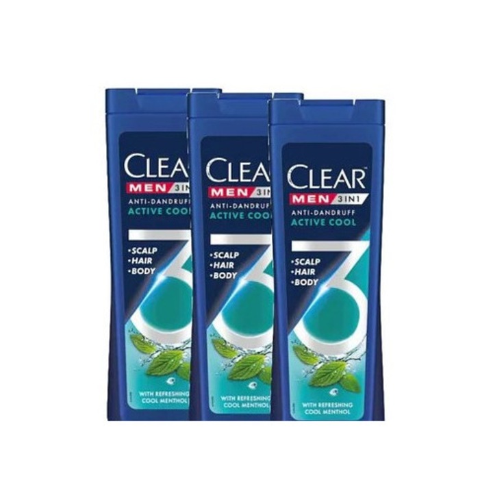 Пакет от 3 x Шампоан Clear Men 3в1 Active Cool, 360 мл