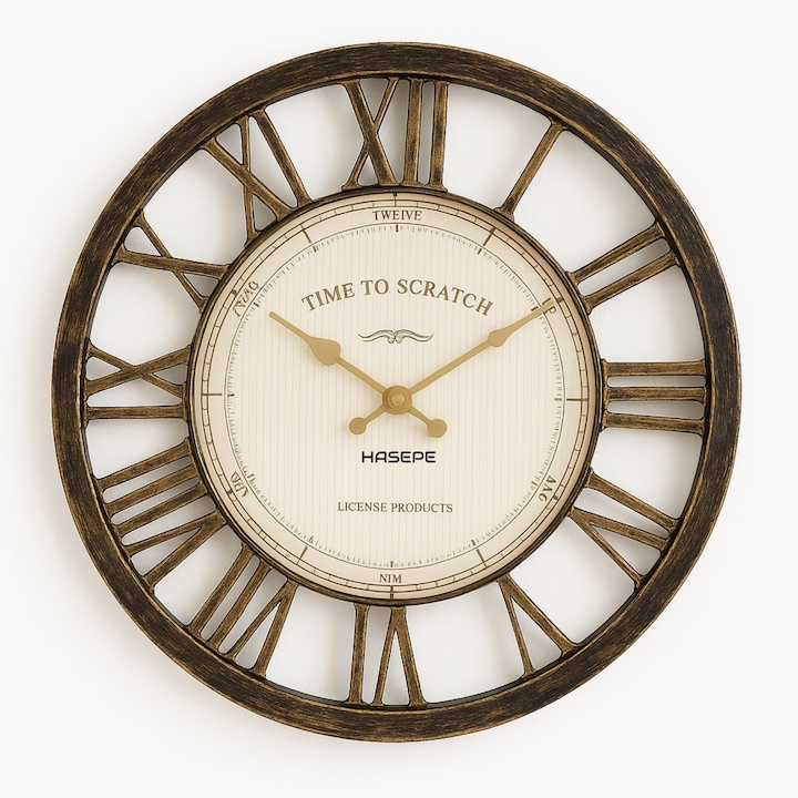 Декоративен стенен часовник HASEPE, 40.6 см, бронзови рамки с римски цифри, златни индикатори, персонализируем с ръчно изработена декорация, винтидж дизайн, AA батерия