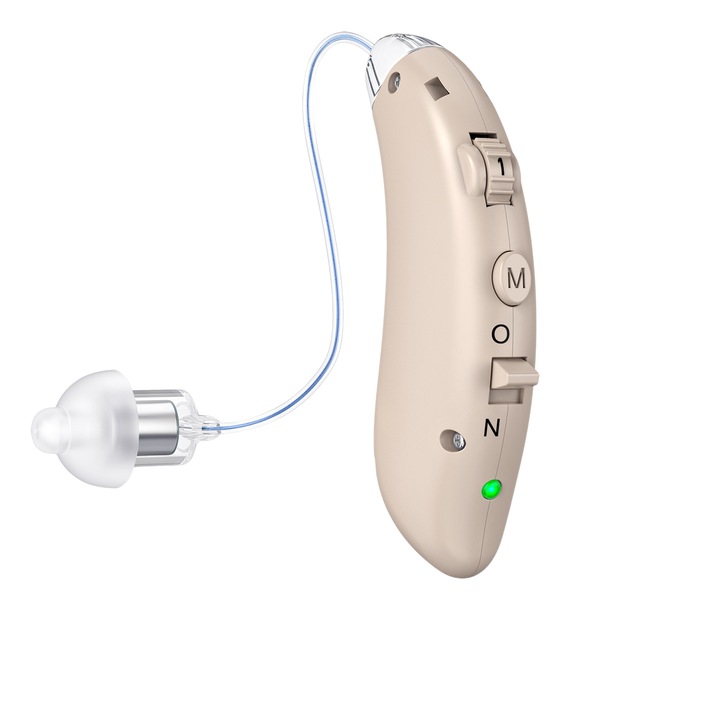 Слухов апарат Premium, 128dB, регулируем, BTE, 48ч автономия, комплект със силиконови адаптери, Жълто