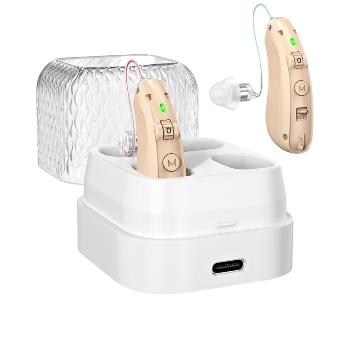 Слухов апарат Premium, 128dB, С калъф за зареждане, BTE, 48ч автономия, комплект със силиконови адаптери, Жълто