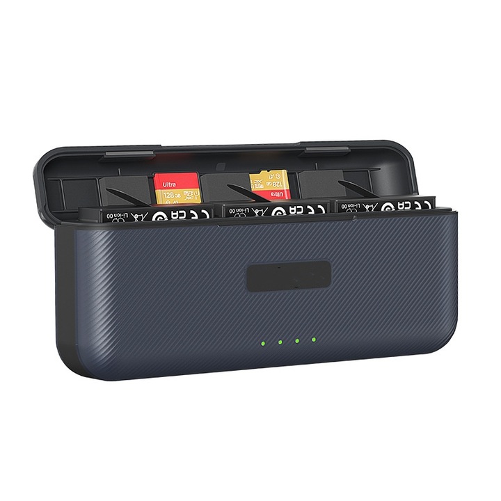 Incarcator de baterie pentru camera de actiune, Insta360 Ace Pro, incarcator pentru 3 baterii simultan, 2 sloturi pentru carduri Micro SD, indicator de incarcare, protectie de siguranta, USB, negru