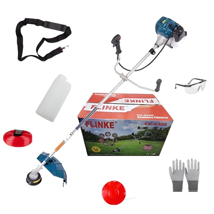 Flinke FK-9300, Benzinmotoros Fűkasza 5, 8Le, 65cm³ Damilfej, vállpánt, szemüveg, kesztyű, keverőedény + tartalék damil