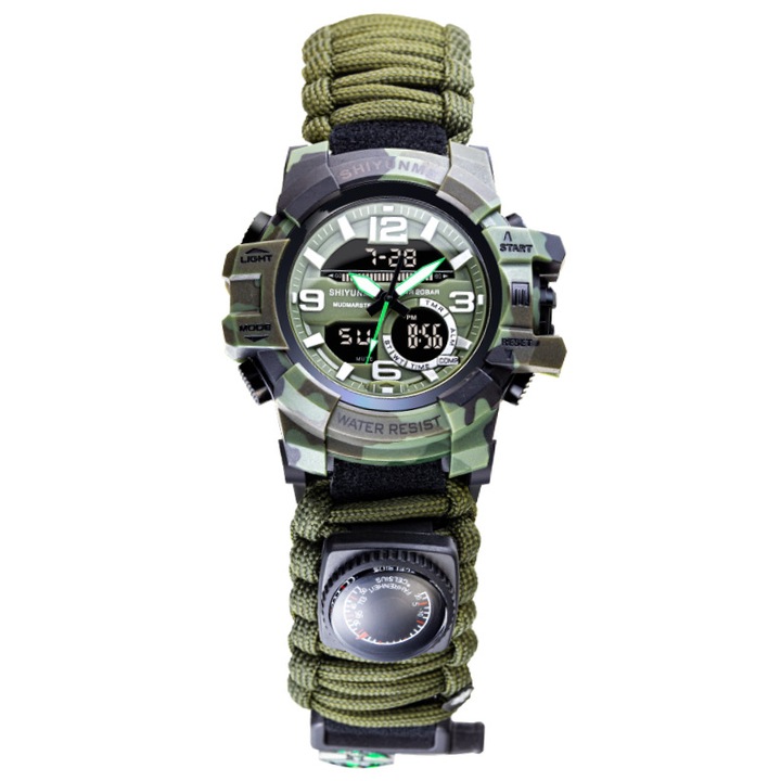 Електронен часовник за катерене на открито за възрастни с литиева батерия с диаметър 43 мм, въже, компас, термометър, свирка, силиконов часовник, военен зелен
