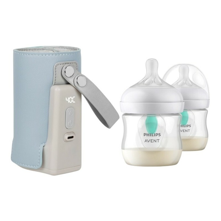 Set incalzitor biberoane, Lionelo, ThermUp Go Plus, USB, Albastru deschis + 2x biberoane, Philips Avent, Cu supapa AirFree, 0 luni+, 125 ml, Alb