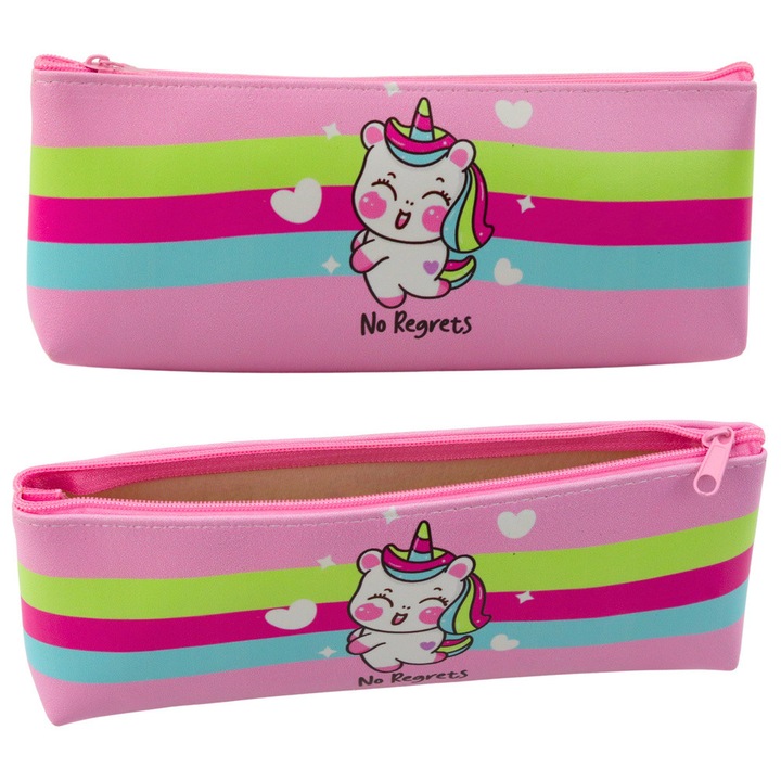 Piornik scolar set, roz cu dungi colorate, 20x9cm, motiv unicorni