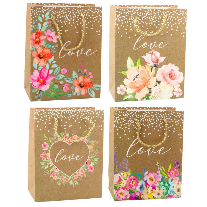 Torba prezentare cu flori, 23x18x10,5cm, kraft natural cu detalii albe, set 12 bucati