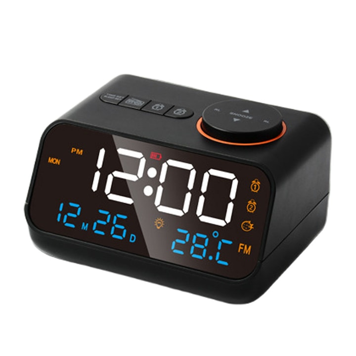 LED радиочасовник, Golxmse, FM, гласово управление, измерване на температурата, функция за памет при сън, 2 аларми, 11.3x8.6x7.15см, черен