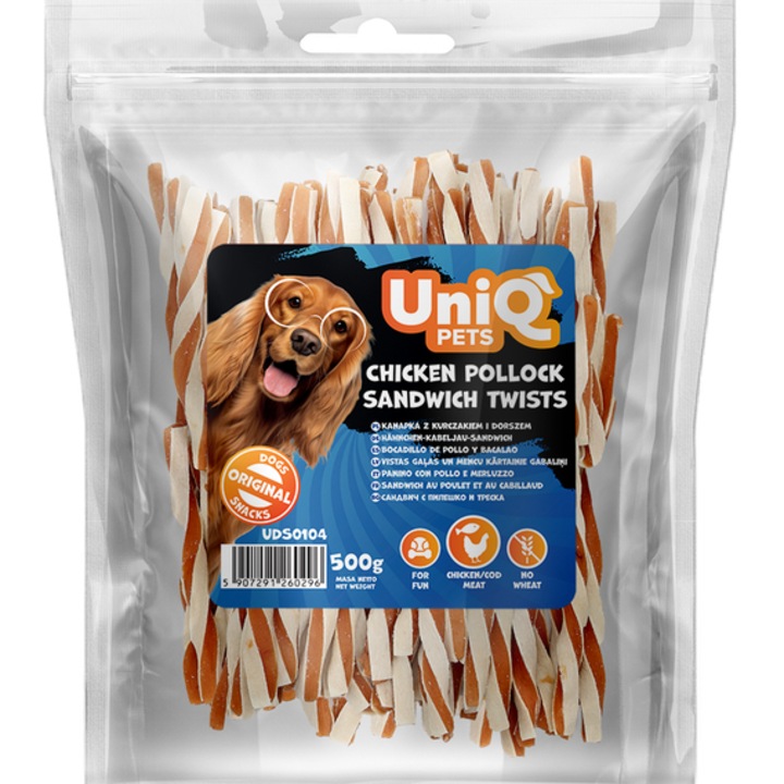 UNIQ PETS kutyasnack csirkével és tőkehallal, szendvics típus, 500 g