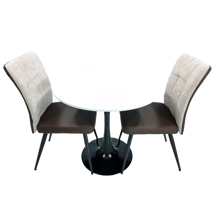 Set masa fixa Innsbruck, DENVER, alb cu picior negru si 2 scaune Tivoli, maro cu bej, rotund, 80x73 cm