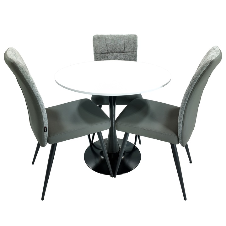Set masa Innsbruck, DENVER, blat alb si picior negru cu 3 scaune Tivoli, gri cu antracit, forma rotunda, 80x73 cm
