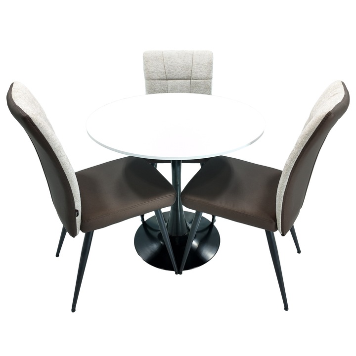 Set masa Innsbruck, DENVER, blat alb si picior negru cu 3 scaune Tivoli, maro cu bej, forma rotunda, 80x73 cm