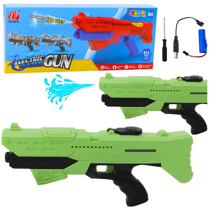 Електрически воден пистолет LEAN TOYS, зелен, 10 м, пълен комплект с батерия 3.7V