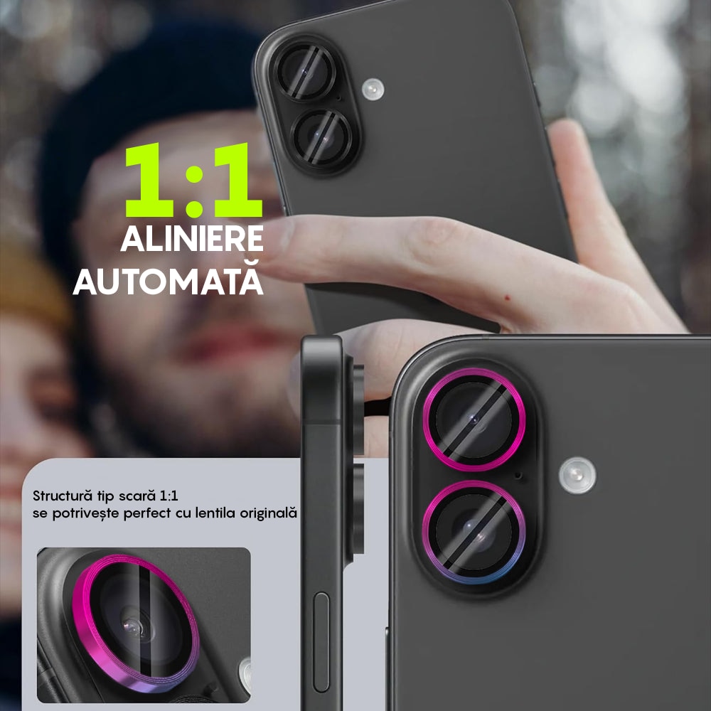 Folie Protectie Lentile Camera compatibila cu iPhone 16 / iPhone 16 Plus, CASEY STUDIOS™ MaxDefense+, Ultra HD, Protectie Profesionala Camere 3D, Anti Amprente, Anti Zgarieturi, Anti Socuri, Curcubeu