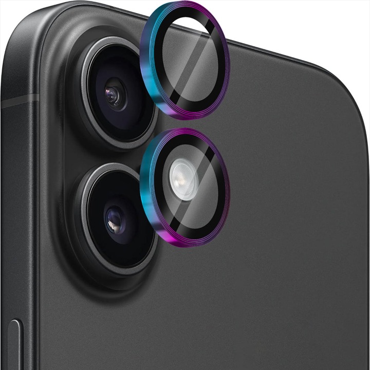 Folie Protectie Lentile Camera compatibila cu iPhone 16 / iPhone 16 Plus, CASEY STUDIOS™ MaxDefense+, Ultra HD, Protectie Profesionala Camere 3D, Anti Amprente, Anti Zgarieturi, Anti Socuri, Curcubeu