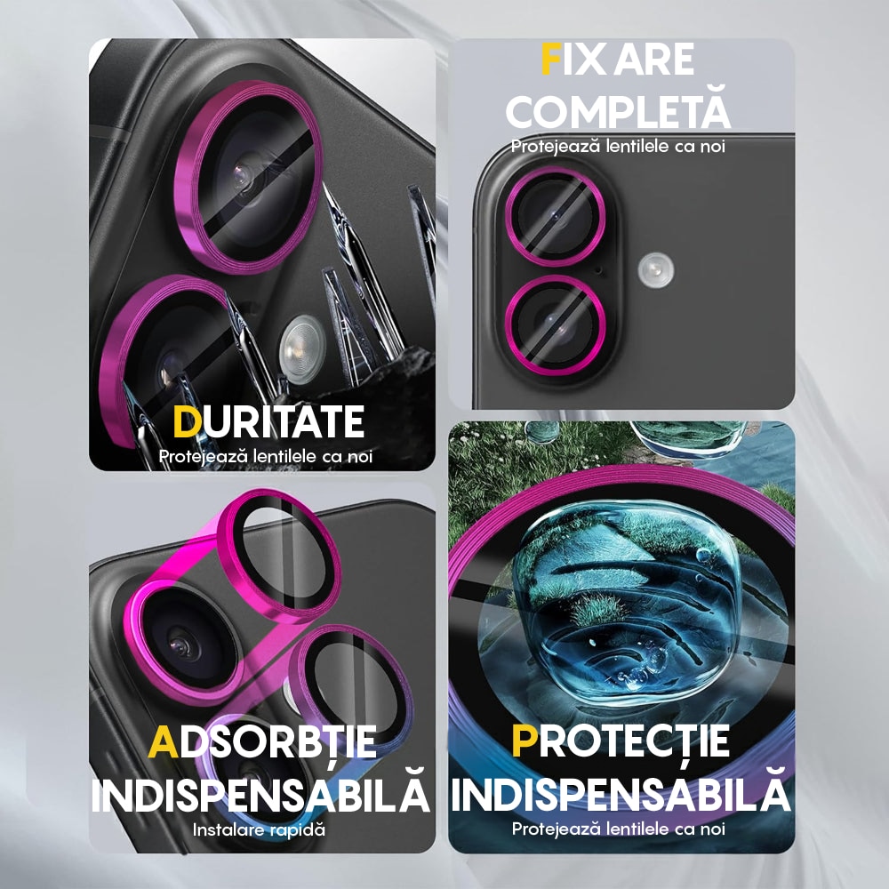 Folie Protectie Lentile Camera compatibila cu iPhone 16 / iPhone 16 Plus, CASEY STUDIOS™ MaxDefense+, Ultra HD, Protectie Profesionala Camere 3D, Anti Amprente, Anti Zgarieturi, Anti Socuri, Curcubeu