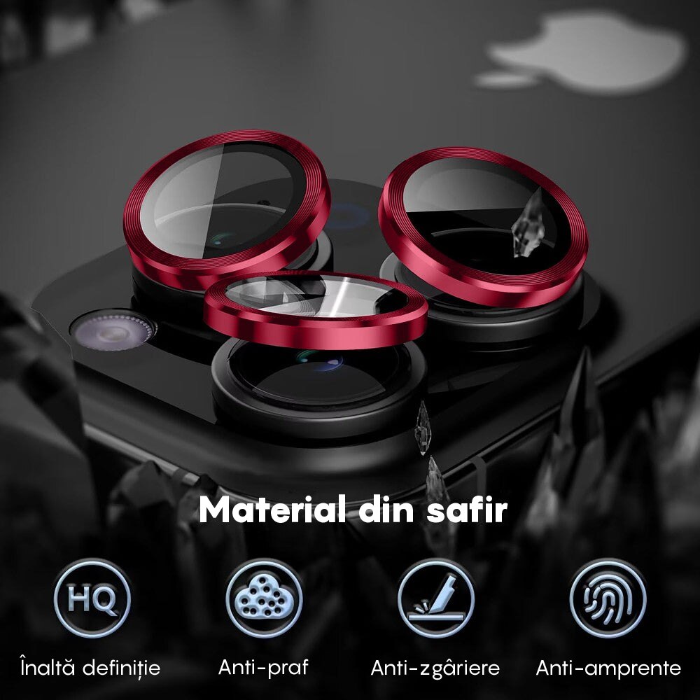 Folie Protectie Lentile Camera compatibila cu iPhone 16 Pro / iPhone 16 Pro Max, CASEY STUDIOS™ MaxDefense+, Ultra HD, Protectie Profesionala Camere 3D, Anti Amprente, Anti Zgarieturi, Anti Socuri, Rosu