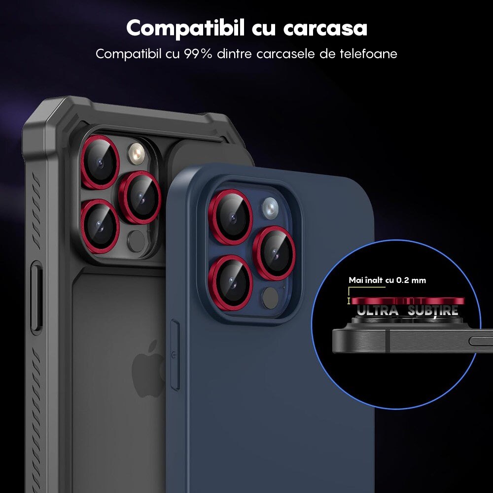 Folie Protectie Lentile Camera compatibila cu iPhone 16 Pro / iPhone 16 Pro Max, CASEY STUDIOS™ MaxDefense+, Ultra HD, Protectie Profesionala Camere 3D, Anti Amprente, Anti Zgarieturi, Anti Socuri, Rosu