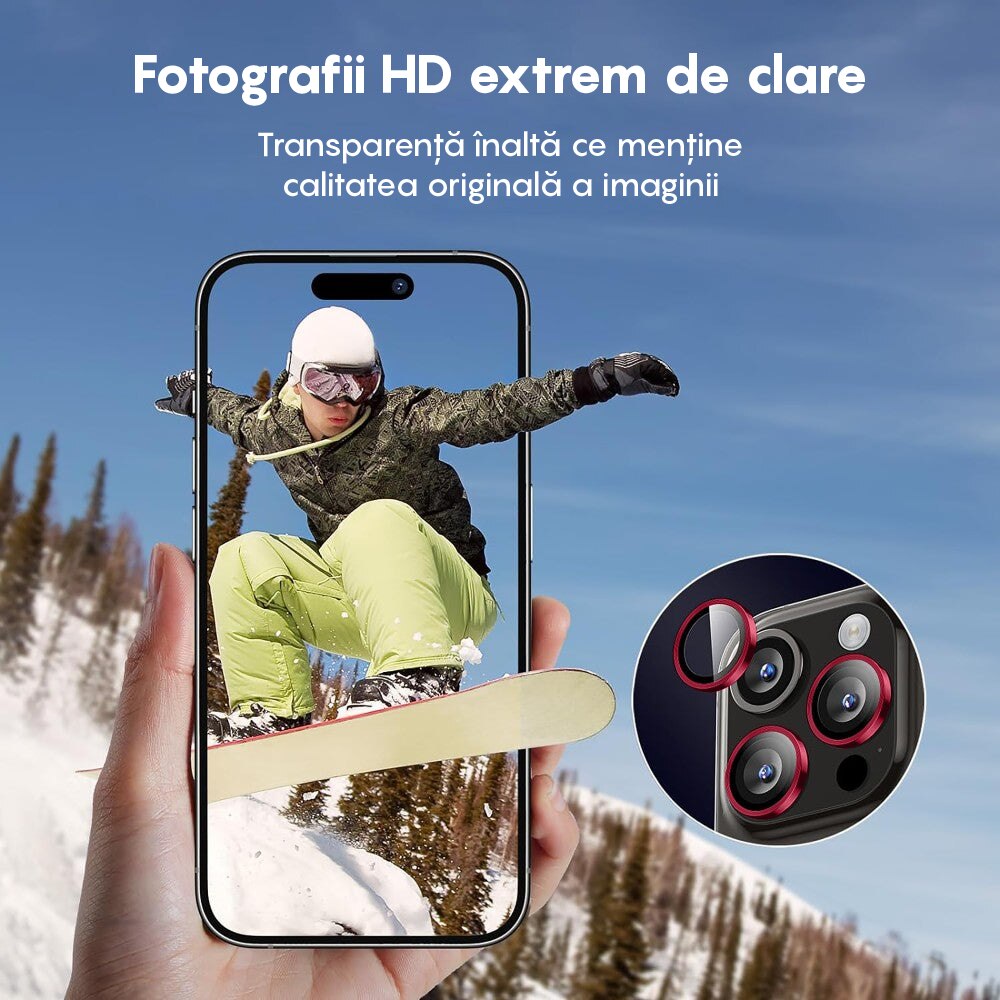 Folie Protectie Lentile Camera compatibila cu iPhone 16 Pro / iPhone 16 Pro Max, CASEY STUDIOS™ MaxDefense+, Ultra HD, Protectie Profesionala Camere 3D, Anti Amprente, Anti Zgarieturi, Anti Socuri, Rosu